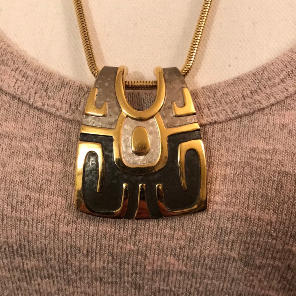 Vintage Aztec necklace with liquid gold chain, stunning!